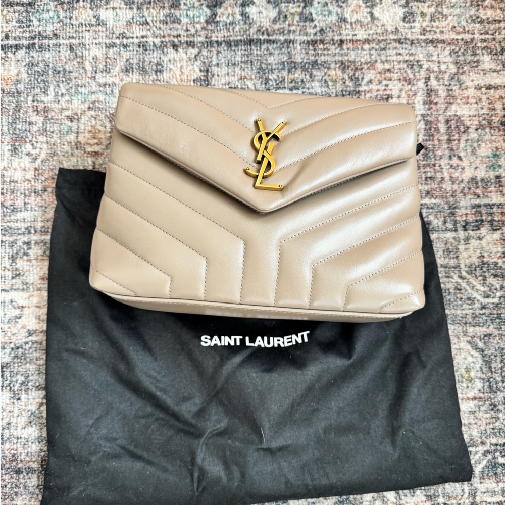 YSL Calfskin Y Quilted Monogram Small Loulou Chain Satchel Dark Beige - Picture 8 of 8